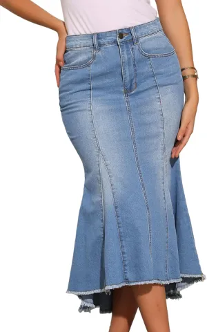 Allegra K Women's Washed Fishtail Denim Skirt High Waist Raw Hem Fashion Casual Midi Jean Skirts with Pockets
