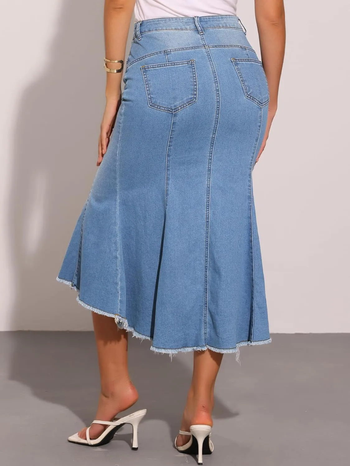 Allegra K Women's Washed Fishtail Denim Skirt High Waist Raw Hem Fashion Casual Midi Jean Skirts with Pockets