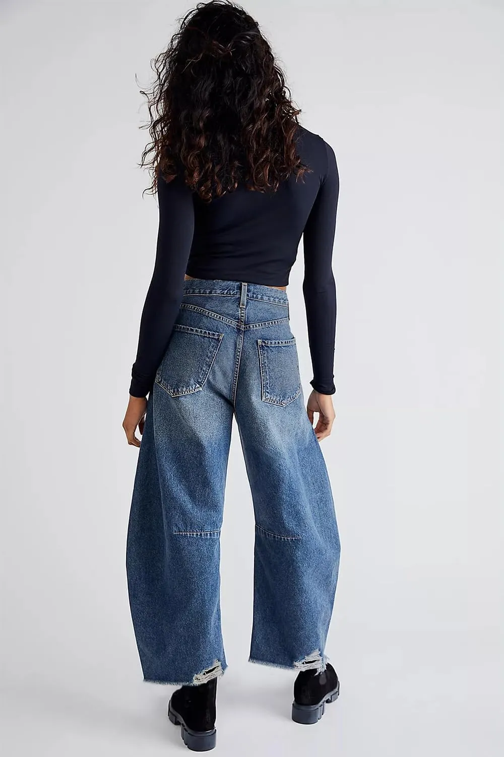 Allimy Womens Jeans Mid High Waisted Wide Leg Cut Horseshoe Baggy Raw Hem Jeans for Women Trendy 2025 Non Stretch