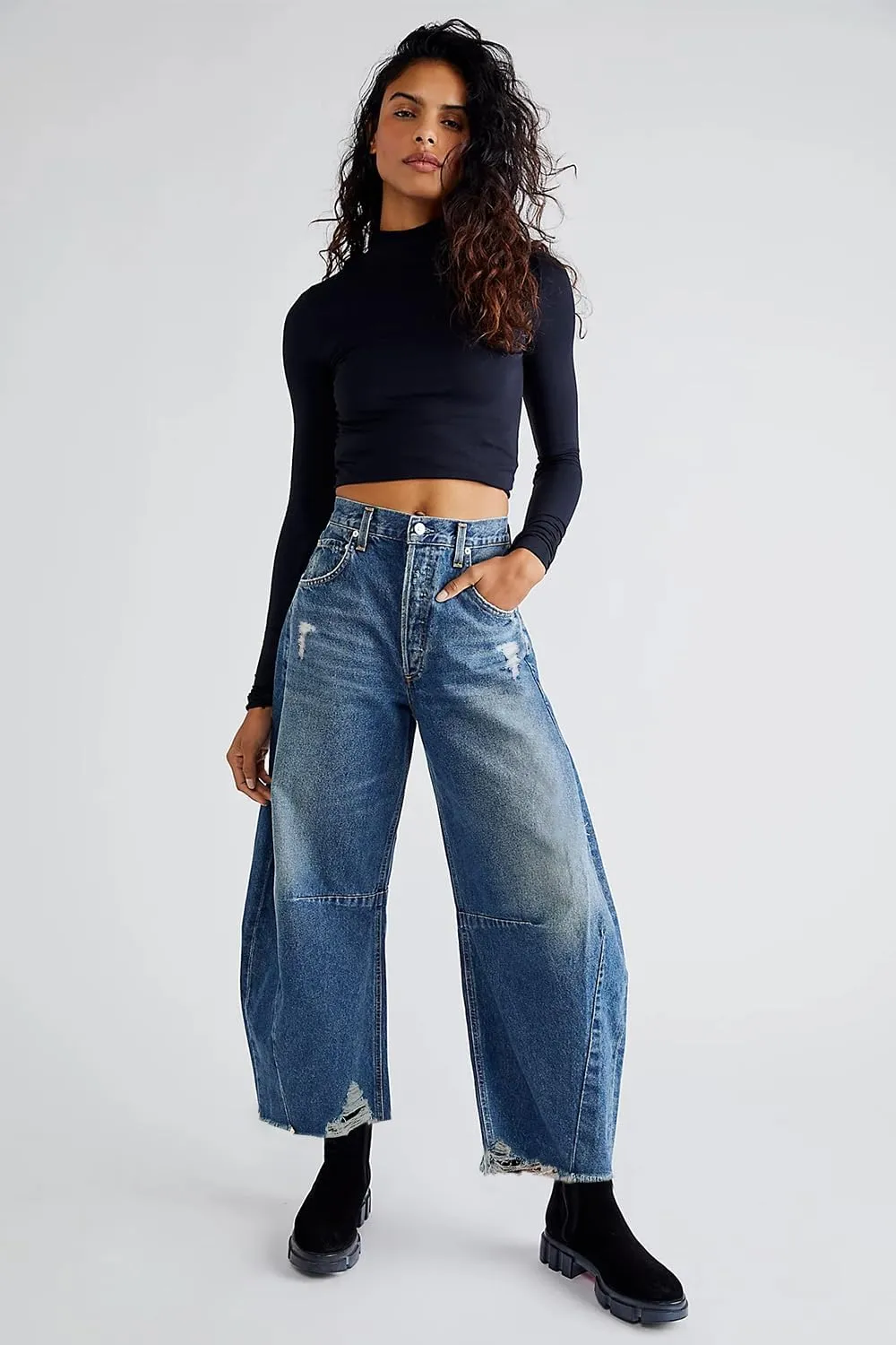 Allimy Womens Jeans Mid High Waisted Wide Leg Cut Horseshoe Baggy Raw Hem Jeans for Women Trendy 2025 Non Stretch
