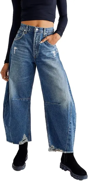 Allimy Womens Jeans Mid High Waisted Wide Leg Cut Horseshoe Baggy Raw Hem Jeans for Women Trendy 2025 Non Stretch