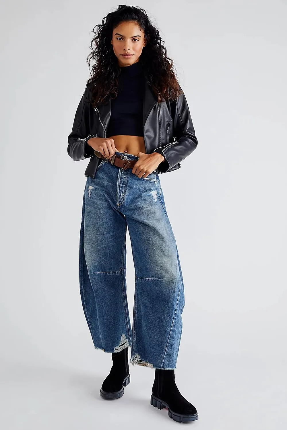 Allimy Womens Jeans Mid High Waisted Wide Leg Cut Horseshoe Baggy Raw Hem Jeans for Women Trendy 2025 Non Stretch