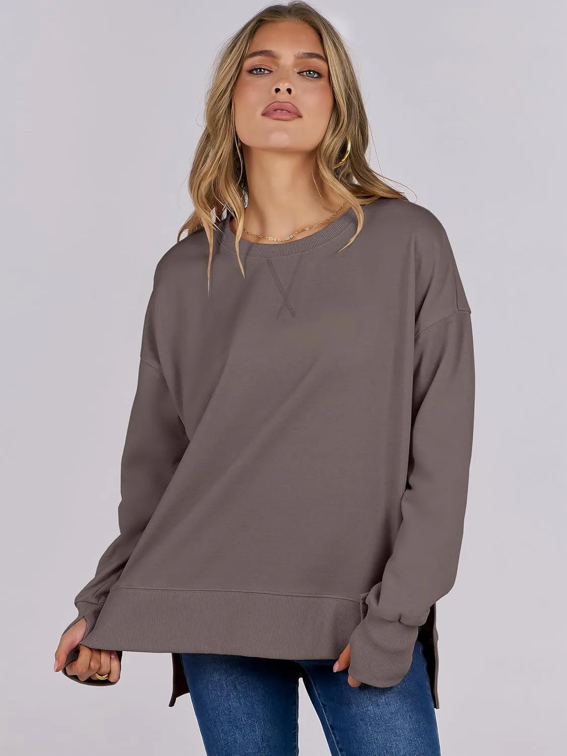 ANRABESS Sweatshirts for women 2025 Fall Fashion Long Sleeve Shirts Crewneck Lightweight Side Split Casual Pullover Top