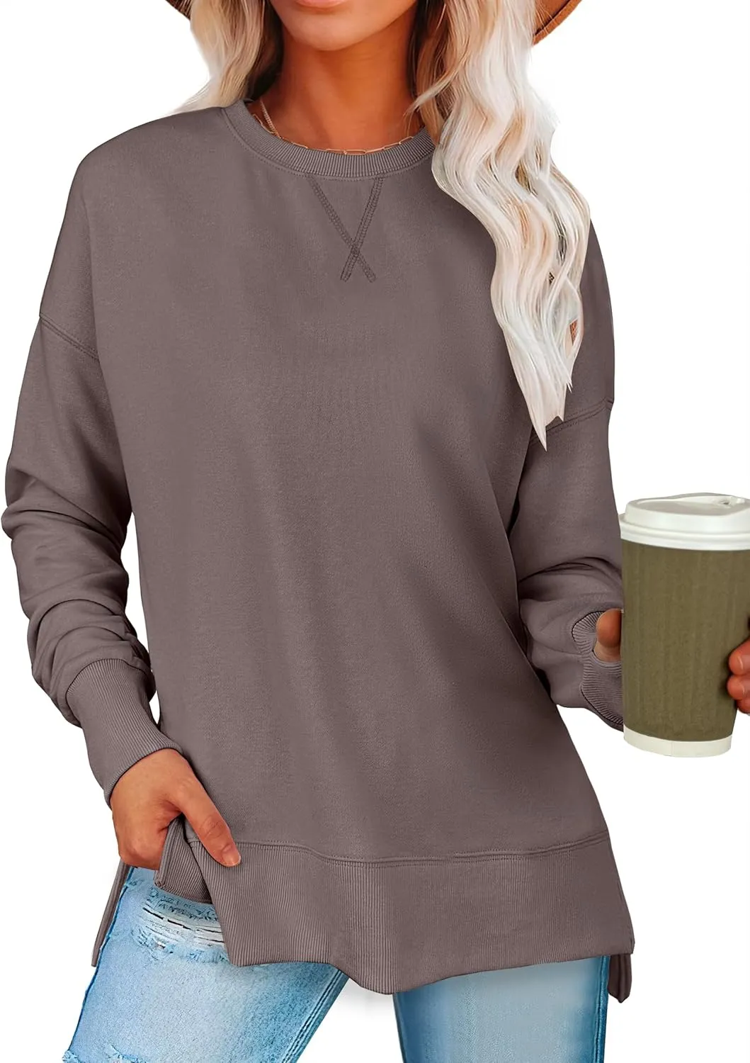 ANRABESS Sweatshirts for women 2025 Fall Fashion Long Sleeve Shirts Crewneck Lightweight Side Split Casual Pullover Top