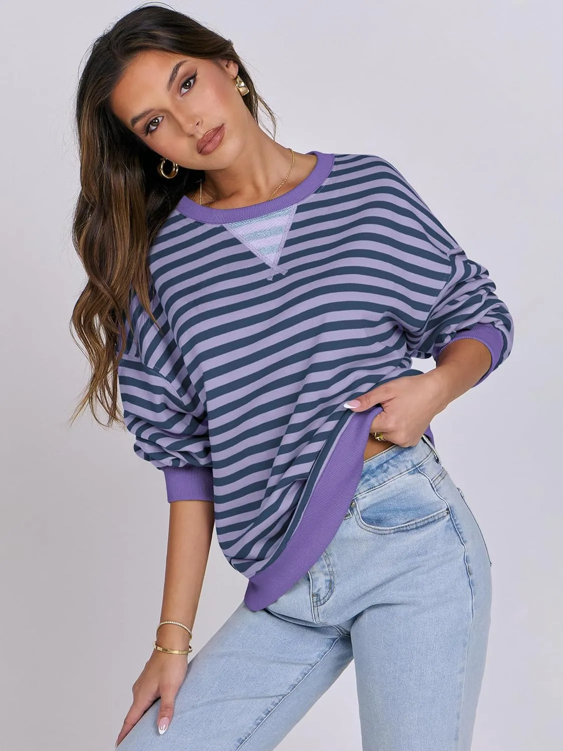 ANRABESS Women Striped Oversized Sweatshirt Crewneck Long Sleeve Shirts Hoodies 2025 Summer Fashion Pullover Top Y2K Outfits
