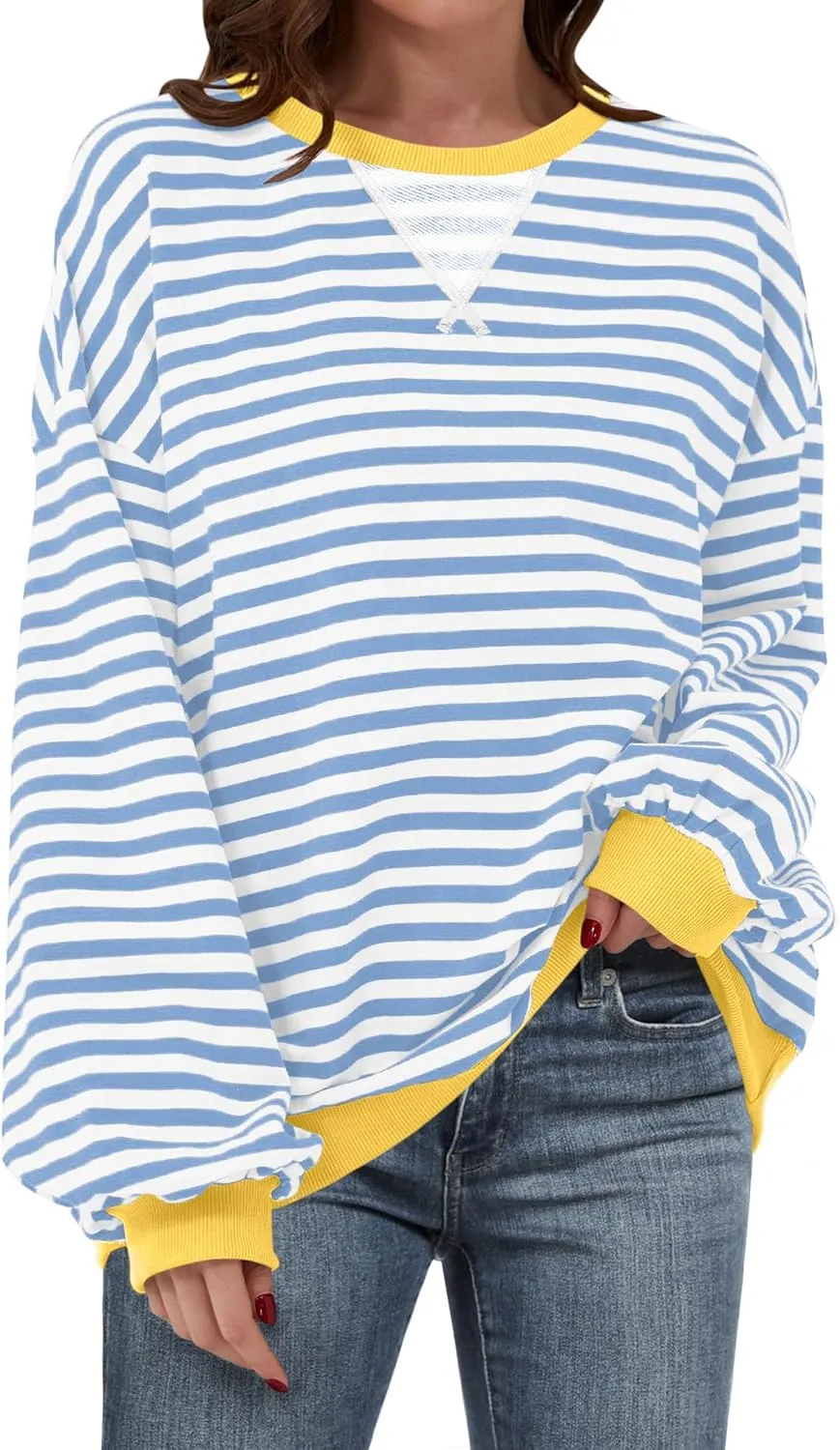 ANRABESS Women Striped Oversized Sweatshirt Crewneck Long Sleeve Shirts Hoodies 2025 Summer Fashion Pullover Top Y2K Outfits