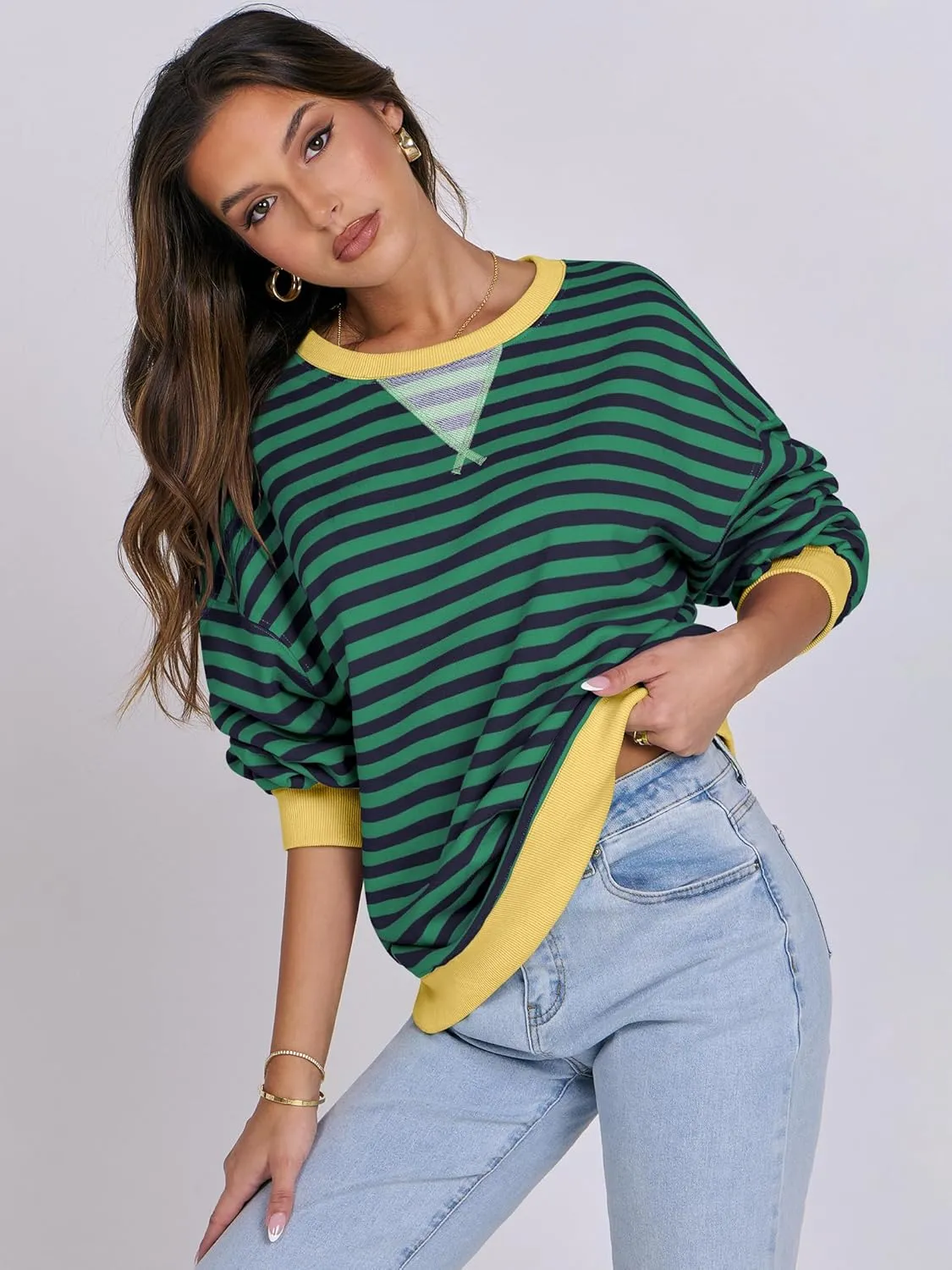 ANRABESS Women Striped Oversized Sweatshirt Crewneck Long Sleeve Shirts Hoodies 2025 Summer Fashion Pullover Top Y2K Outfits