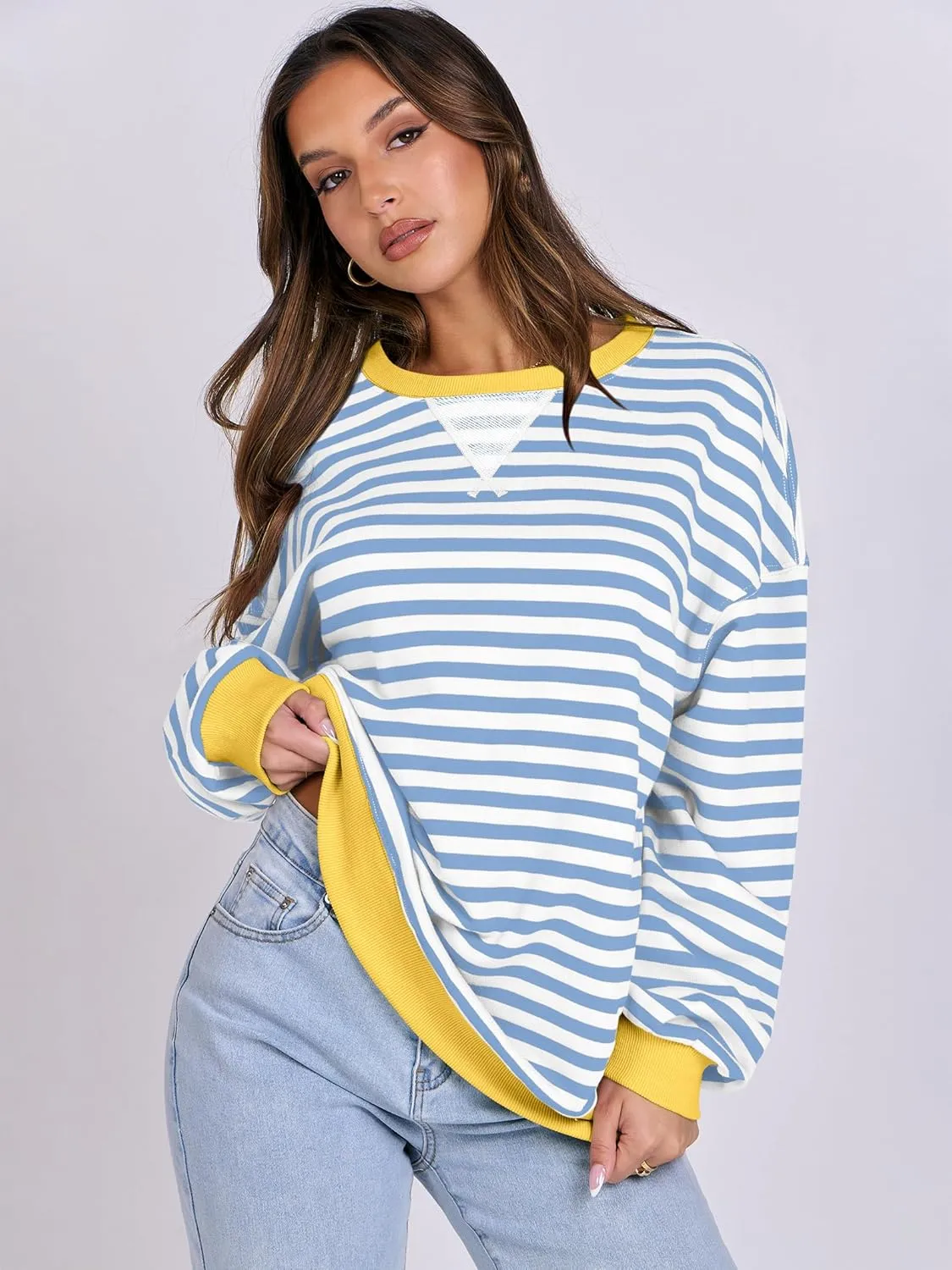 ANRABESS Women Striped Oversized Sweatshirt Crewneck Long Sleeve Shirts Hoodies 2025 Summer Fashion Pullover Top Y2K Outfits