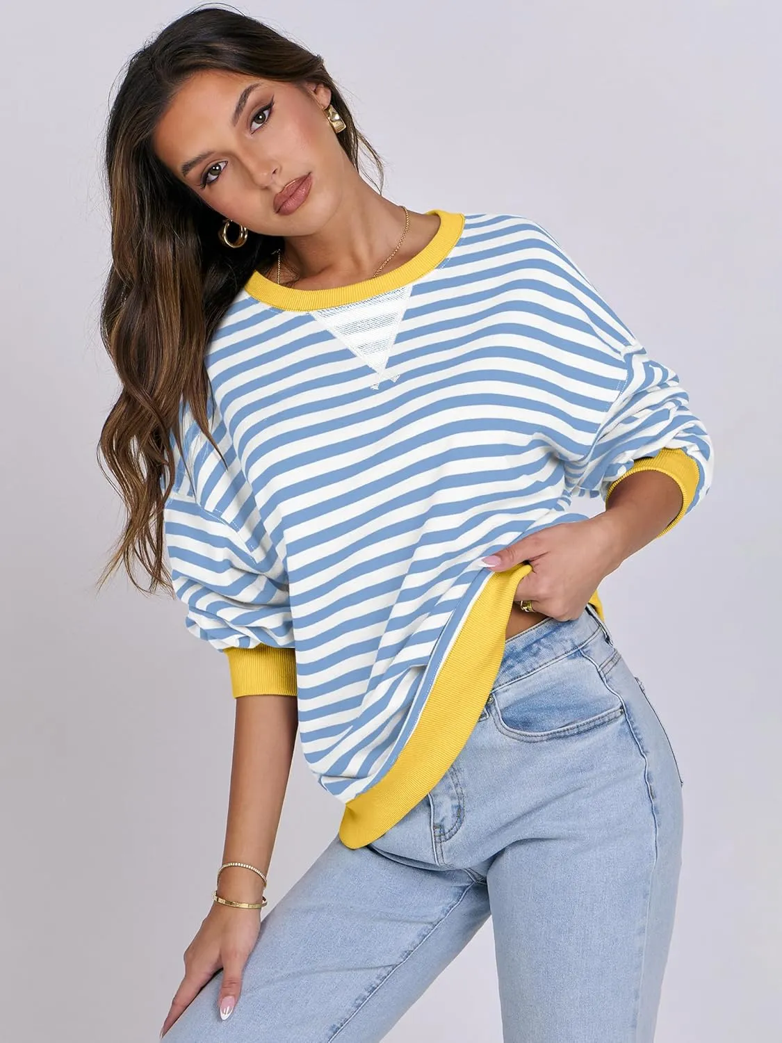 ANRABESS Women Striped Oversized Sweatshirt Crewneck Long Sleeve Shirts Hoodies 2025 Summer Fashion Pullover Top Y2K Outfits