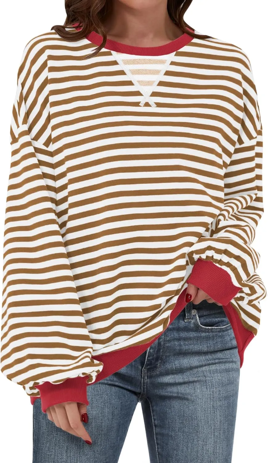 ANRABESS Women Striped Oversized Sweatshirt Crewneck Long Sleeve Shirts Hoodies 2025 Summer Fashion Pullover Top Y2K Outfits