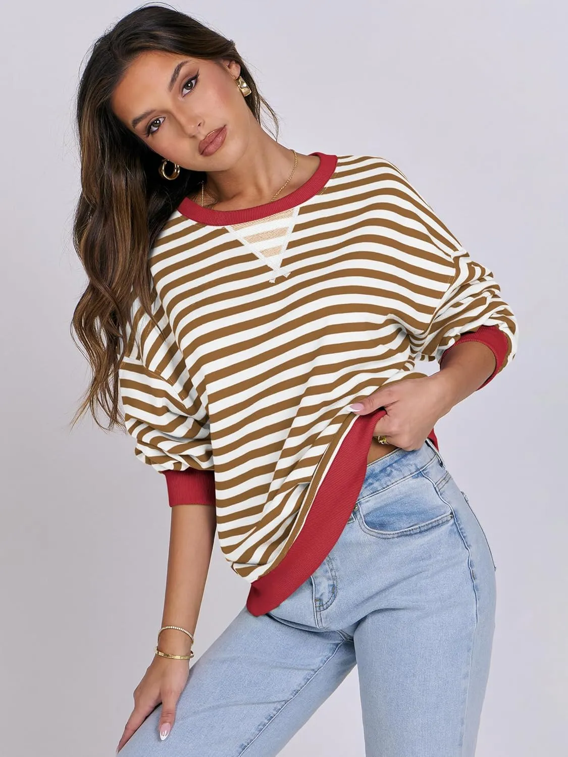 ANRABESS Women Striped Oversized Sweatshirt Crewneck Long Sleeve Shirts Hoodies 2025 Summer Fashion Pullover Top Y2K Outfits