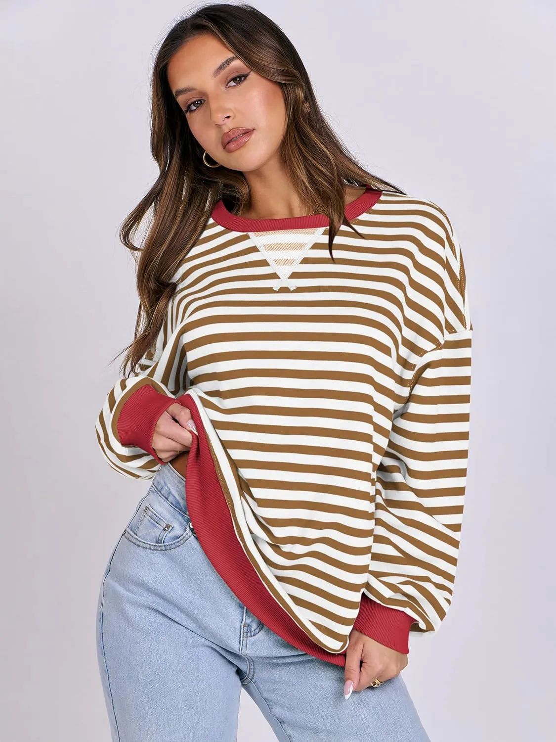 ANRABESS Women Striped Oversized Sweatshirt Crewneck Long Sleeve Shirts Hoodies 2025 Summer Fashion Pullover Top Y2K Outfits