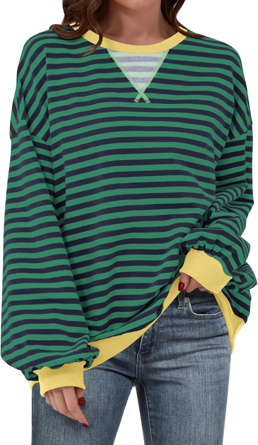 ANRABESS Women Striped Oversized Sweatshirt Crewneck Long Sleeve Shirts Hoodies 2025 Summer Fashion Pullover Top Y2K Outfits