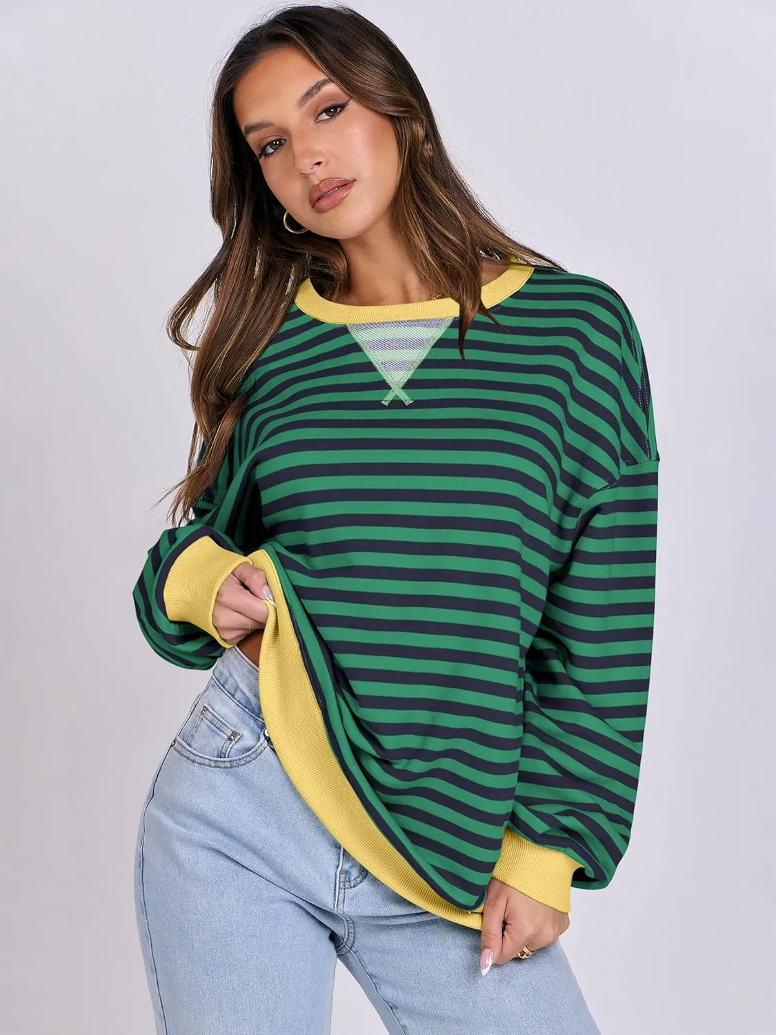 ANRABESS Women Striped Oversized Sweatshirt Crewneck Long Sleeve Shirts Hoodies 2025 Summer Fashion Pullover Top Y2K Outfits