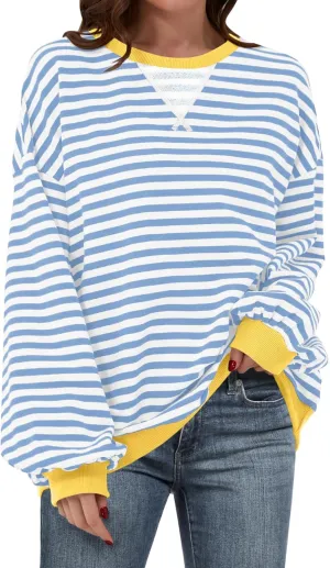 ANRABESS Women Striped Oversized Sweatshirt Crewneck Long Sleeve Shirts Hoodies 2025 Summer Fashion Pullover Top Y2K Outfits