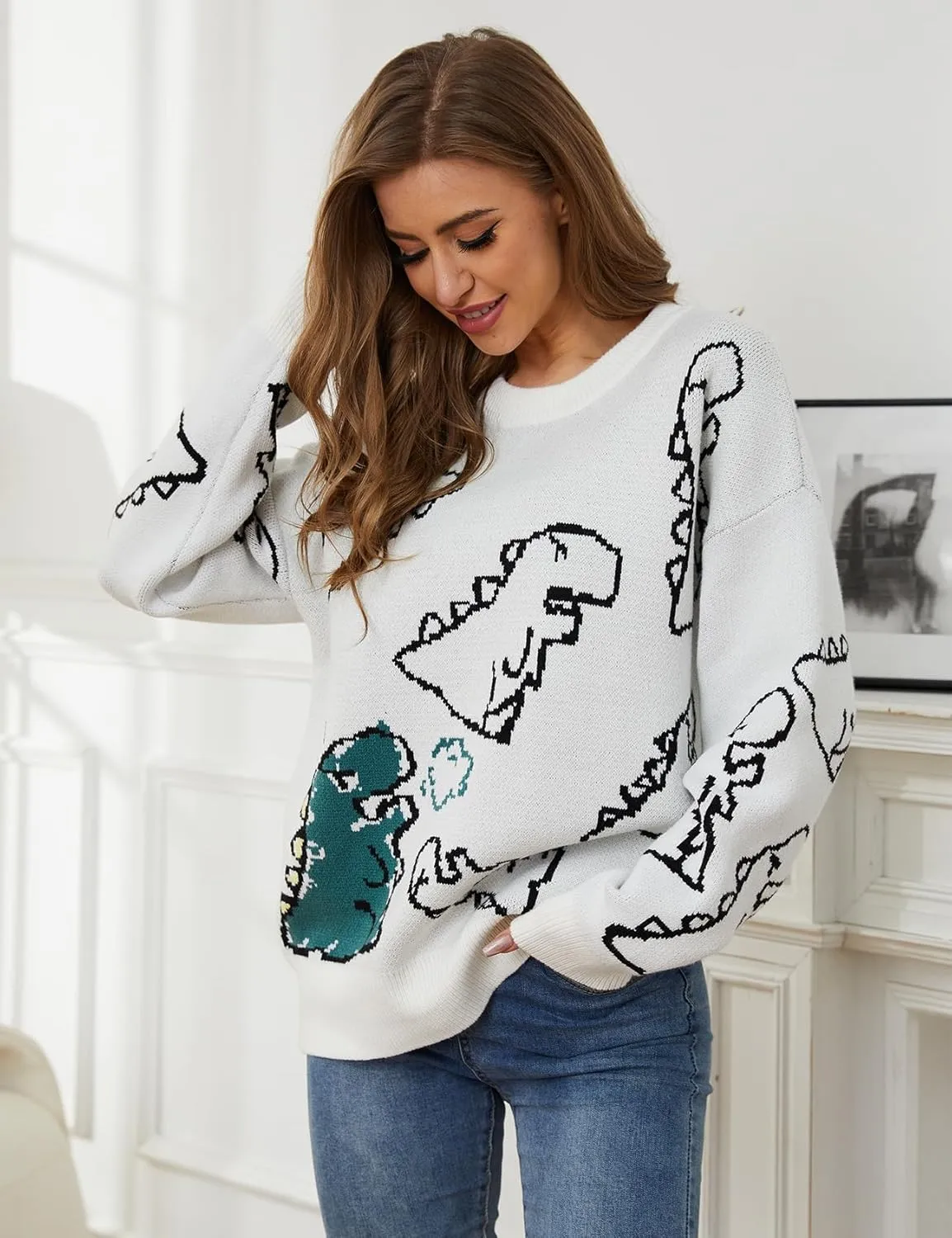Arssm Dinosaur Sweater Women y2k Vintage Oversized Graphic Streetwear Knit Sweater Casual Cute Kawaii Tops