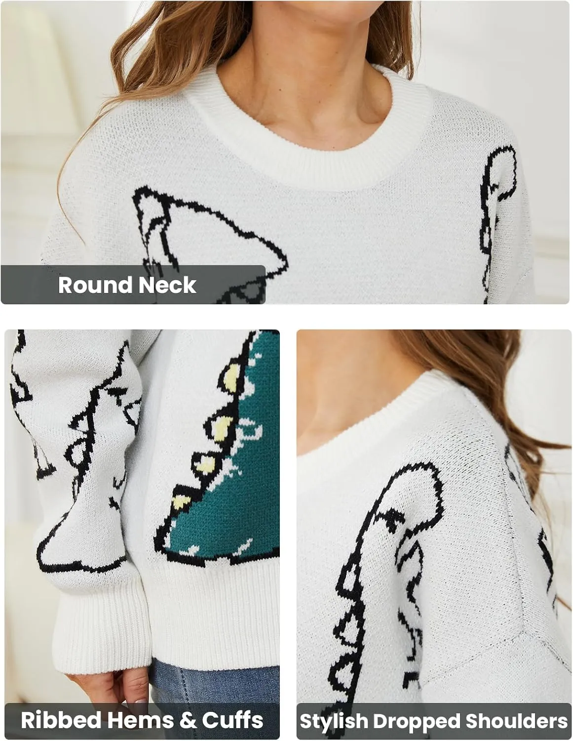 Arssm Dinosaur Sweater Women y2k Vintage Oversized Graphic Streetwear Knit Sweater Casual Cute Kawaii Tops