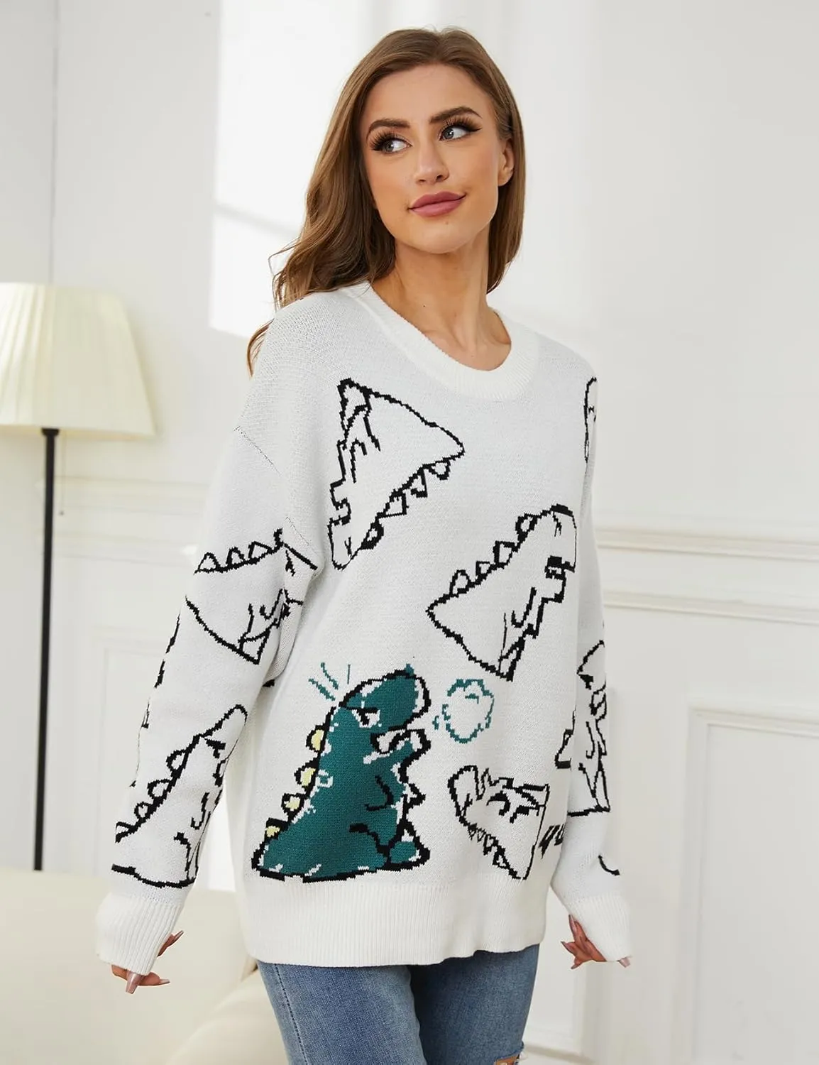 Arssm Dinosaur Sweater Women y2k Vintage Oversized Graphic Streetwear Knit Sweater Casual Cute Kawaii Tops