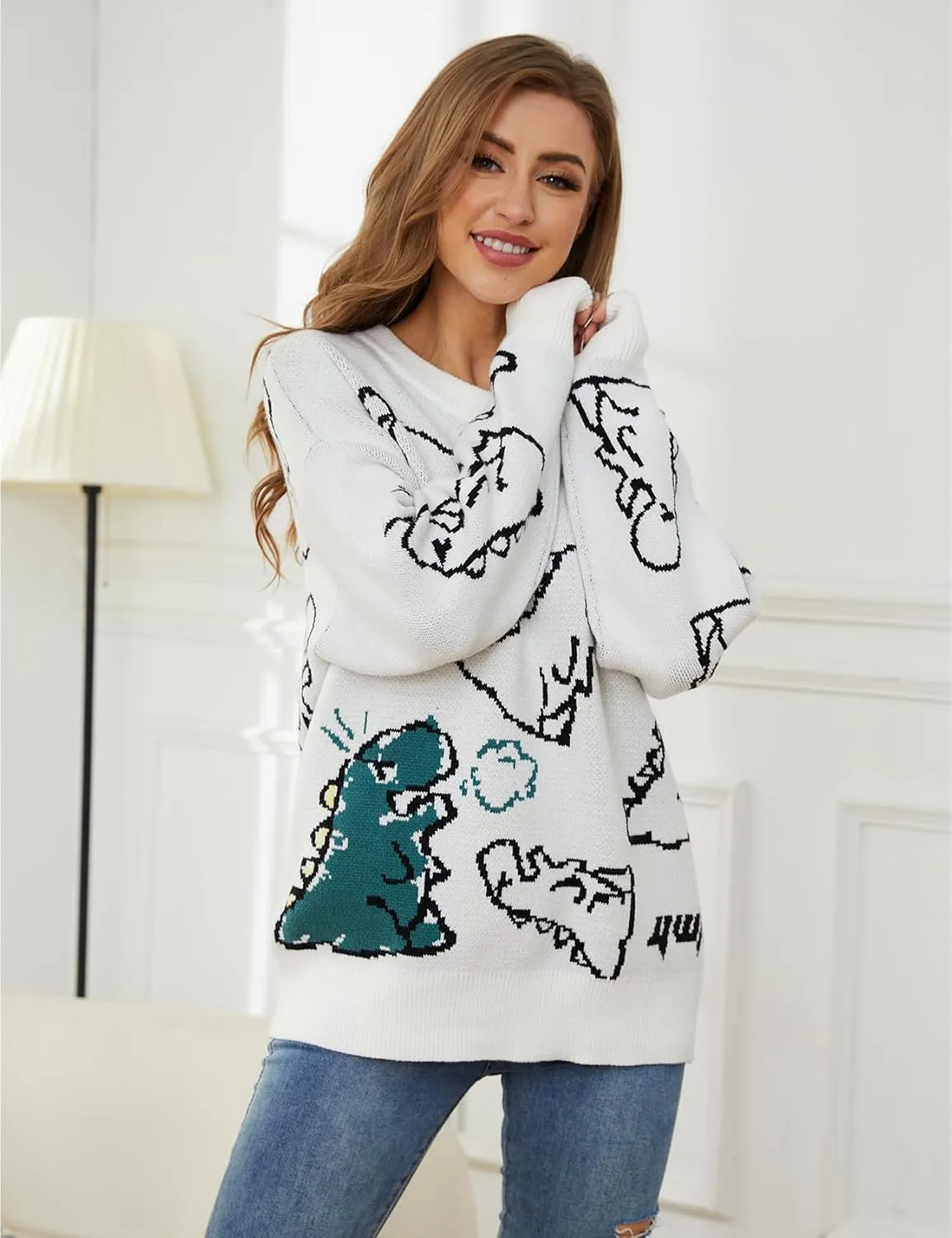 Arssm Dinosaur Sweater Women y2k Vintage Oversized Graphic Streetwear Knit Sweater Casual Cute Kawaii Tops
