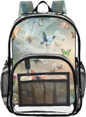 Artistic Butterflies Design Clear Plastic Backpack - Transparent PVC Heavy Duty Bag with Large Main Pocket and Mesh Pockets - Ideal for School, Travel, Outings - Clear Backpack for Everyday Use