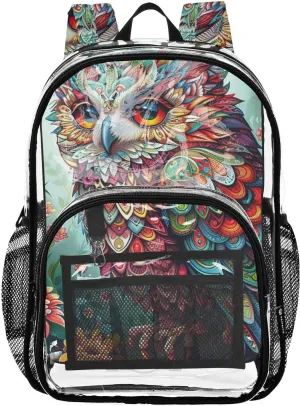 Artistic Cute Owl Clear Plastic Backpack - Transparent PVC Heavy Duty Bag with Large Main Pocket and Mesh Pockets - Ideal for School, Travel, Outings - Clear Backpack for Everyday Use