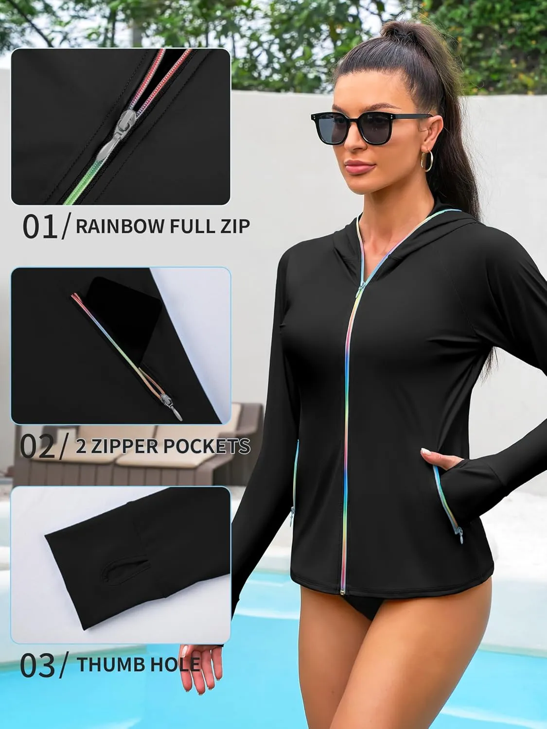 ATTRACO Rash Guard for Women Long Sleeve Swim Shirts Zip Up Hoodie with Thumb Hole & Side Pockets