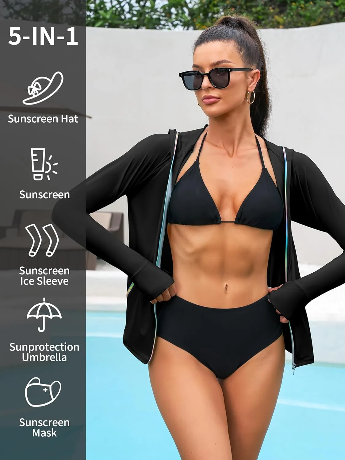 ATTRACO Rash Guard for Women Long Sleeve Swim Shirts Zip Up Hoodie with Thumb Hole & Side Pockets