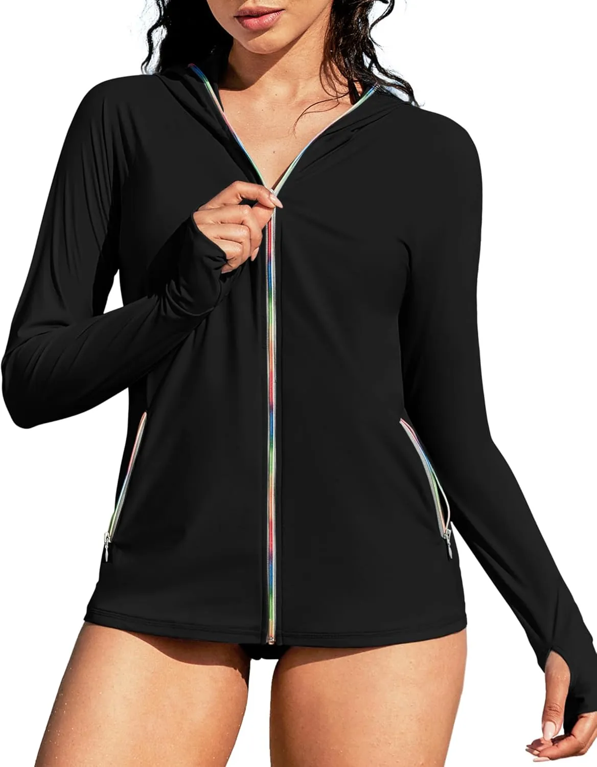 ATTRACO Rash Guard for Women Long Sleeve Swim Shirts Zip Up Hoodie with Thumb Hole & Side Pockets