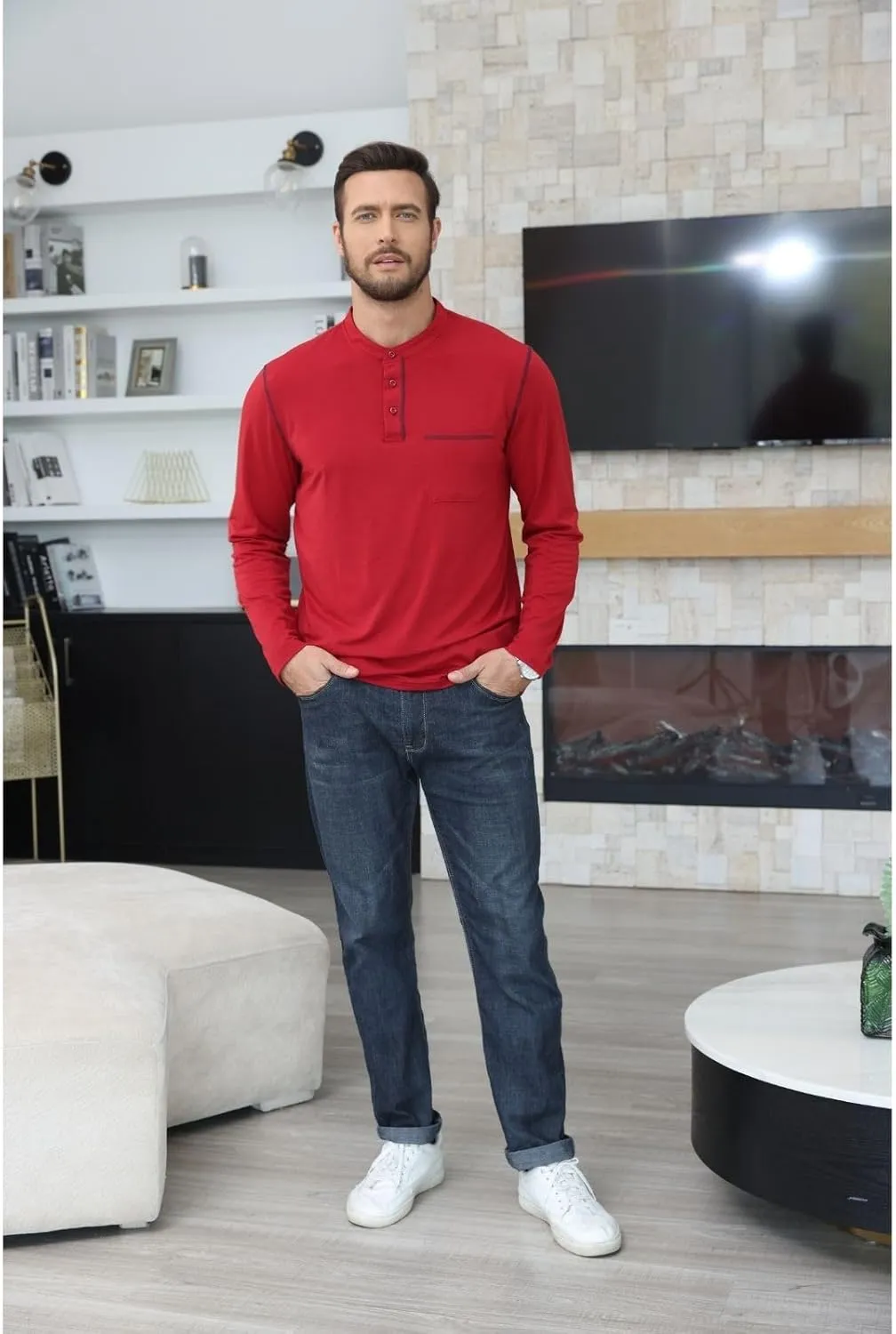 Aulemen Men's Henley Shirts Long Sleeve Casual Lightweight Slim Fit Basic Button Henley T-Shirt with Pocket