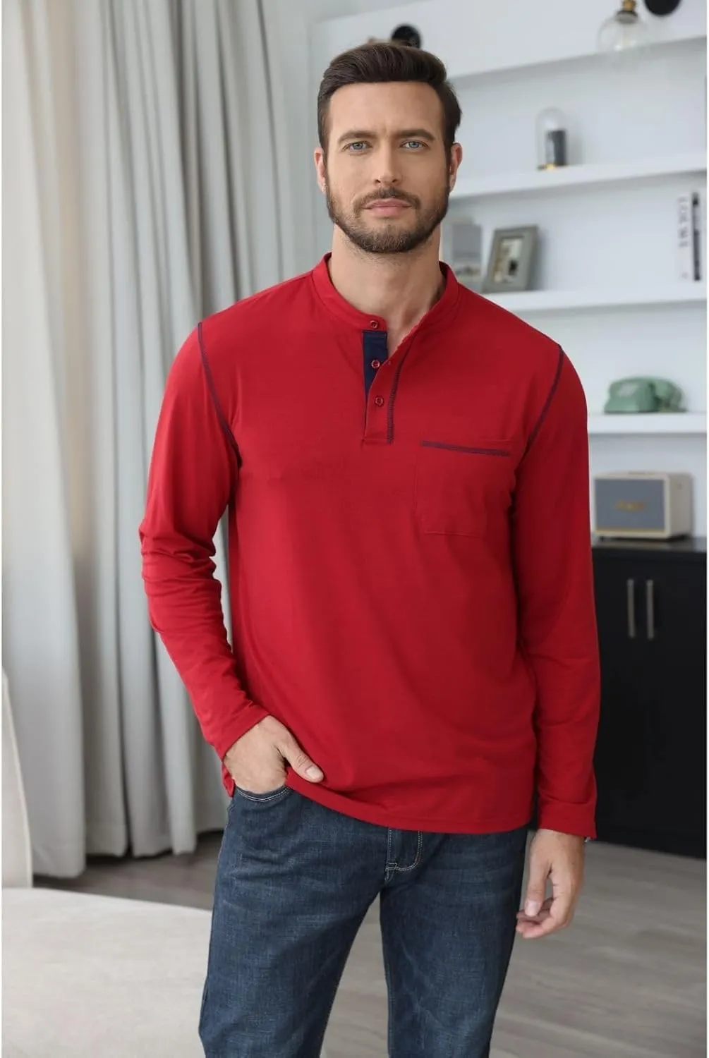 Aulemen Men's Henley Shirts Long Sleeve Casual Lightweight Slim Fit Basic Button Henley T-Shirt with Pocket