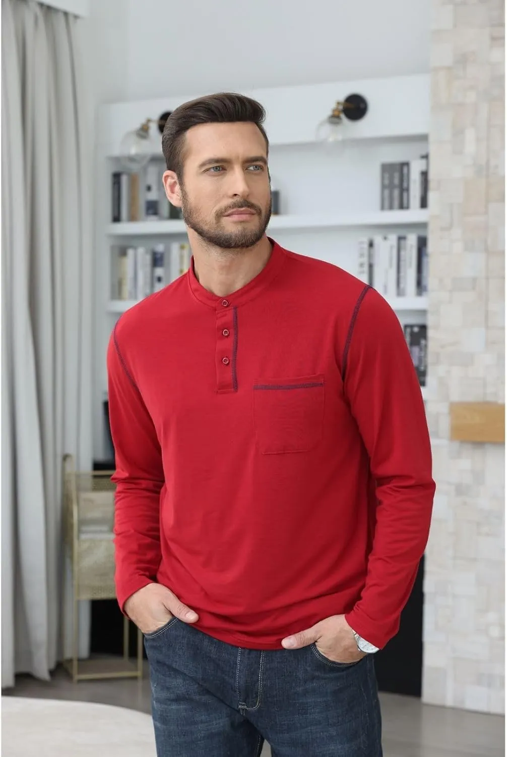 Aulemen Men's Henley Shirts Long Sleeve Casual Lightweight Slim Fit Basic Button Henley T-Shirt with Pocket