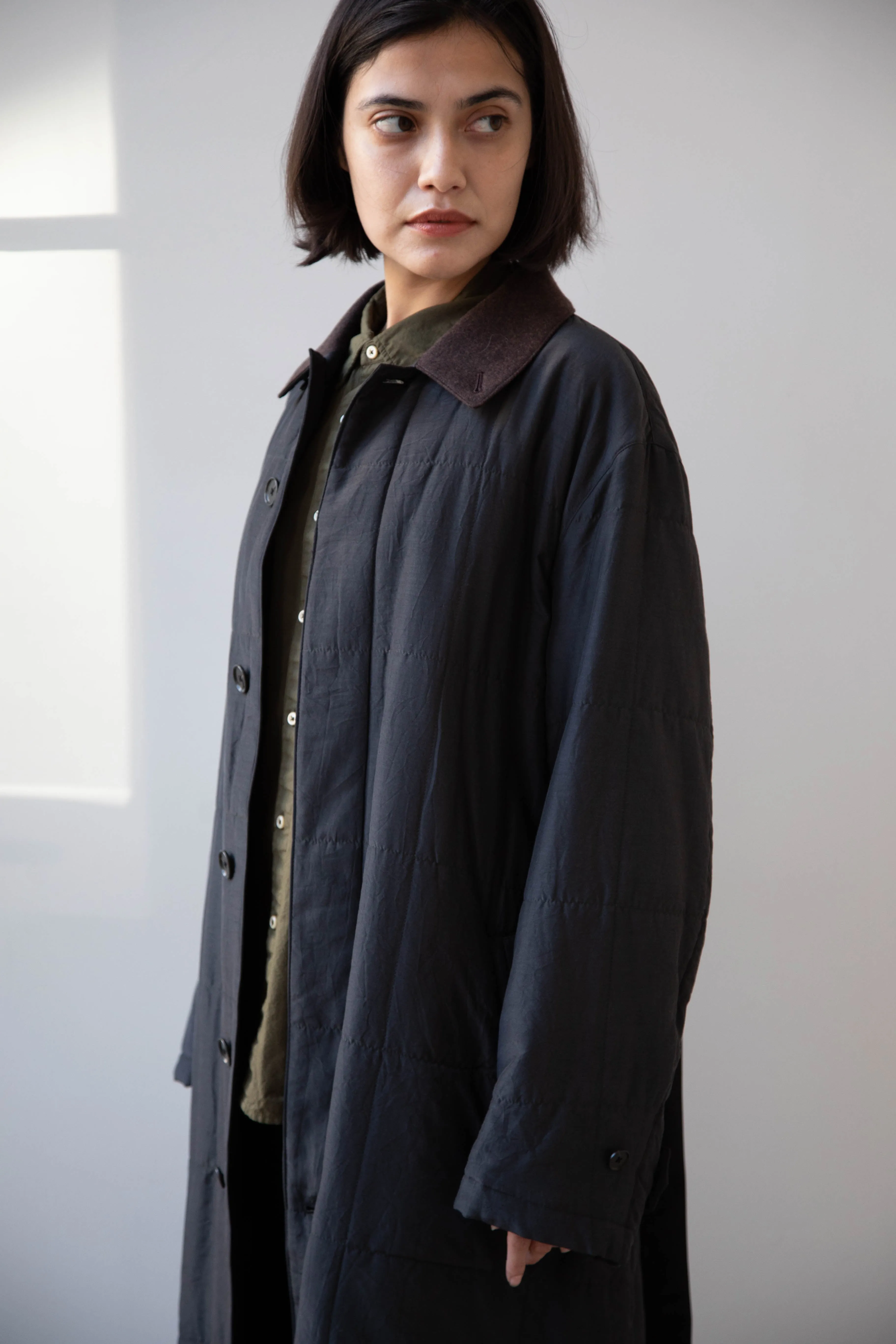 Auralee | Quilted Light Silk Cotton Coat in Ink