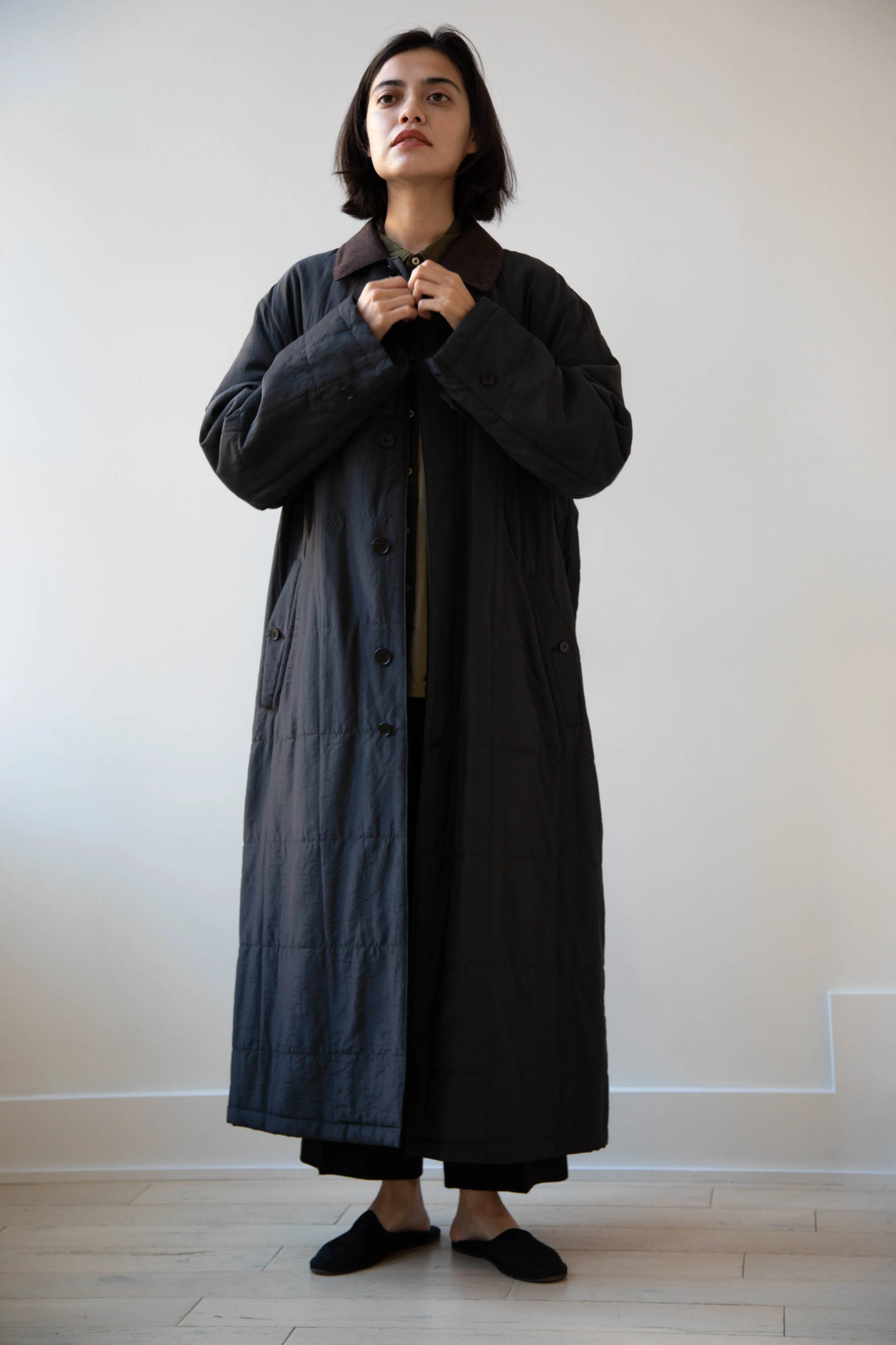 Auralee | Quilted Light Silk Cotton Coat in Ink