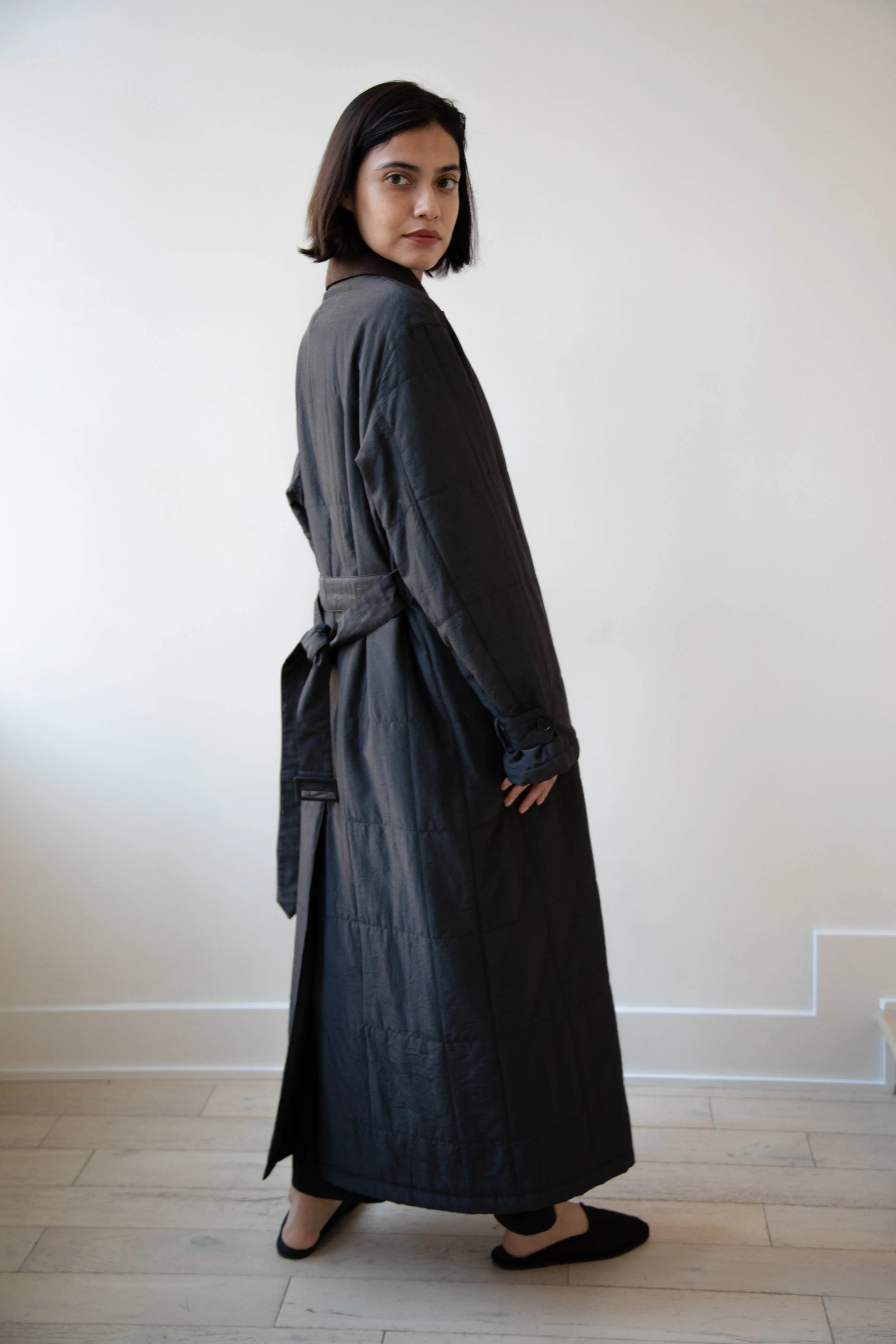 Auralee | Quilted Light Silk Cotton Coat in Ink