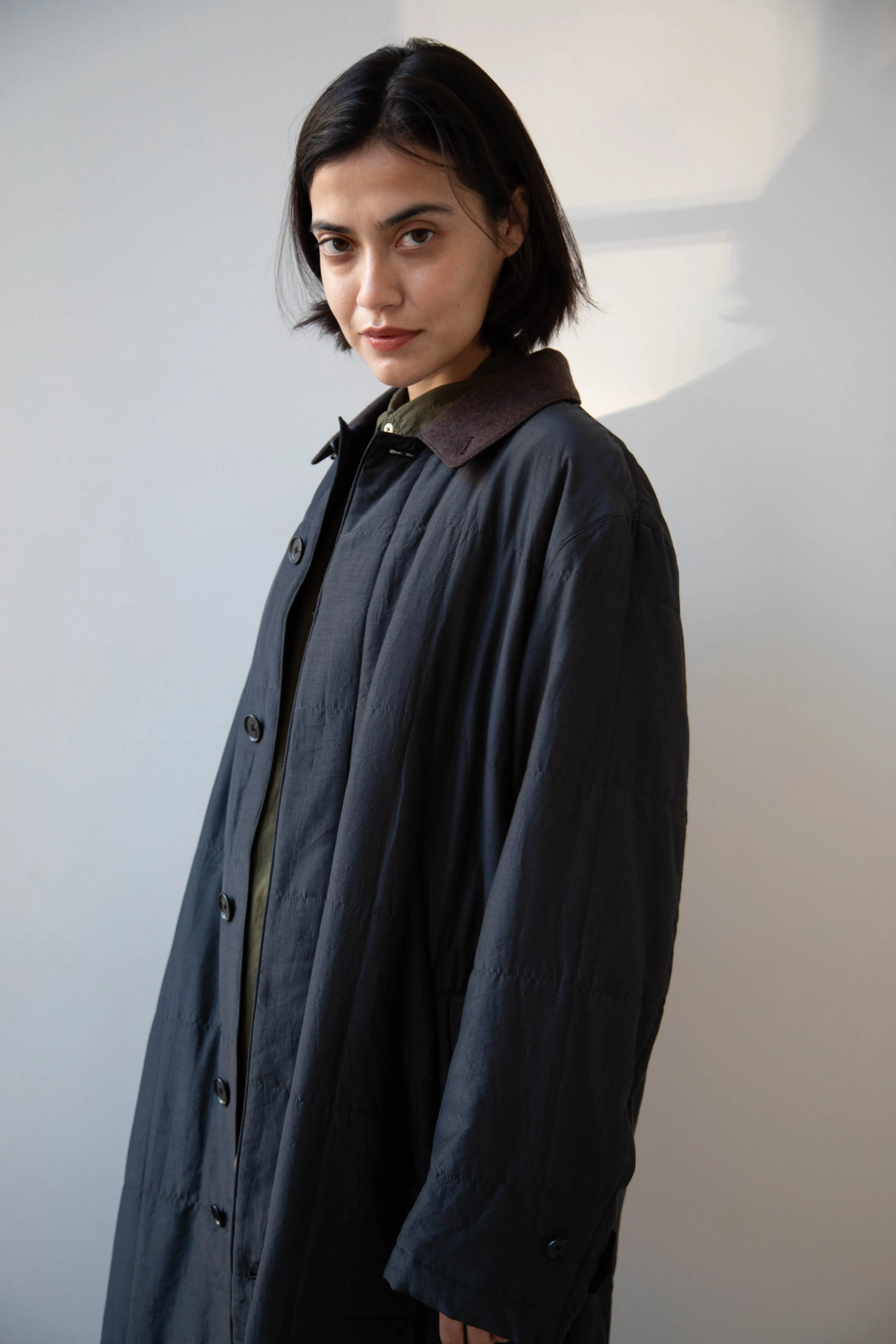 Auralee | Quilted Light Silk Cotton Coat in Ink