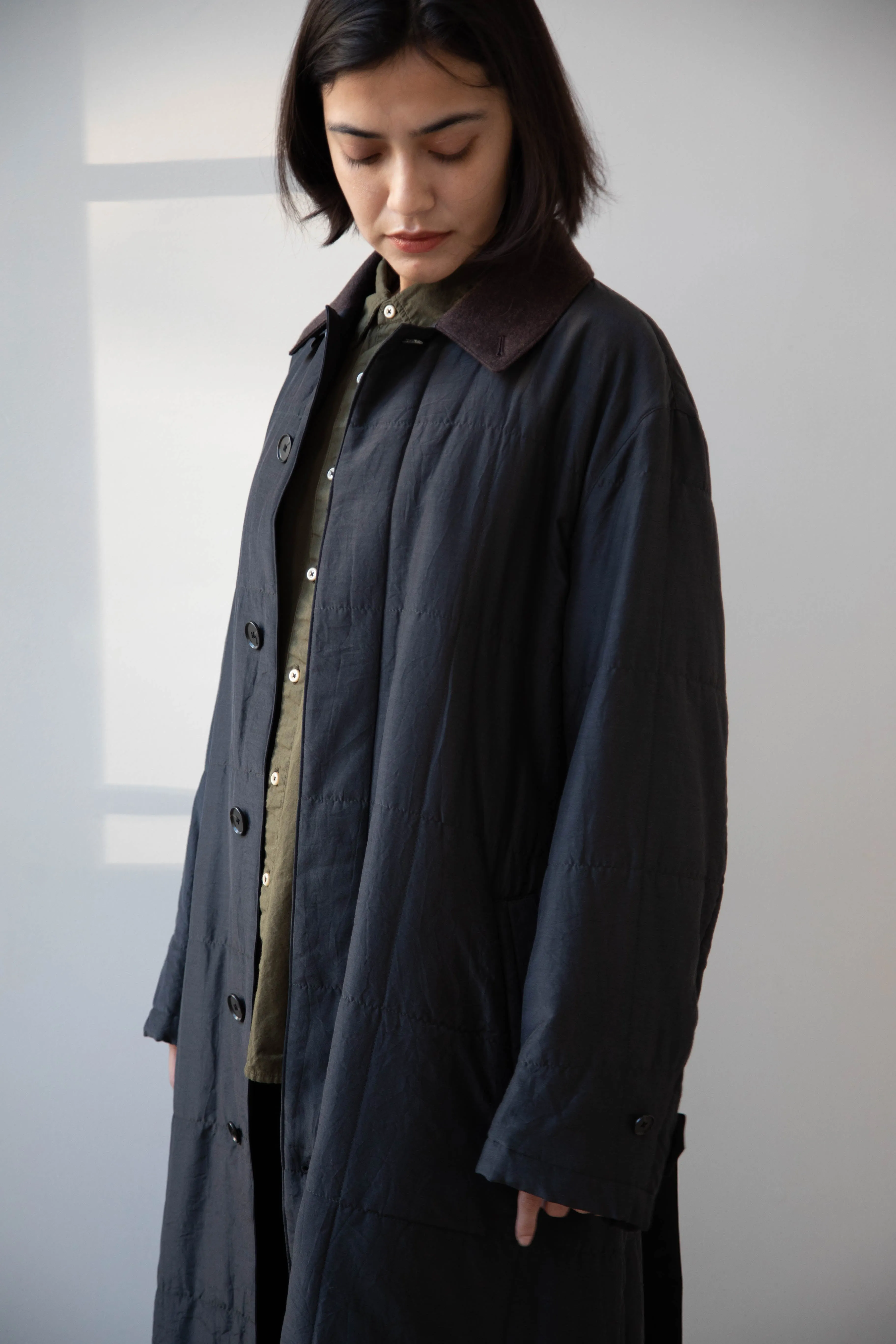 Auralee | Quilted Light Silk Cotton Coat in Ink