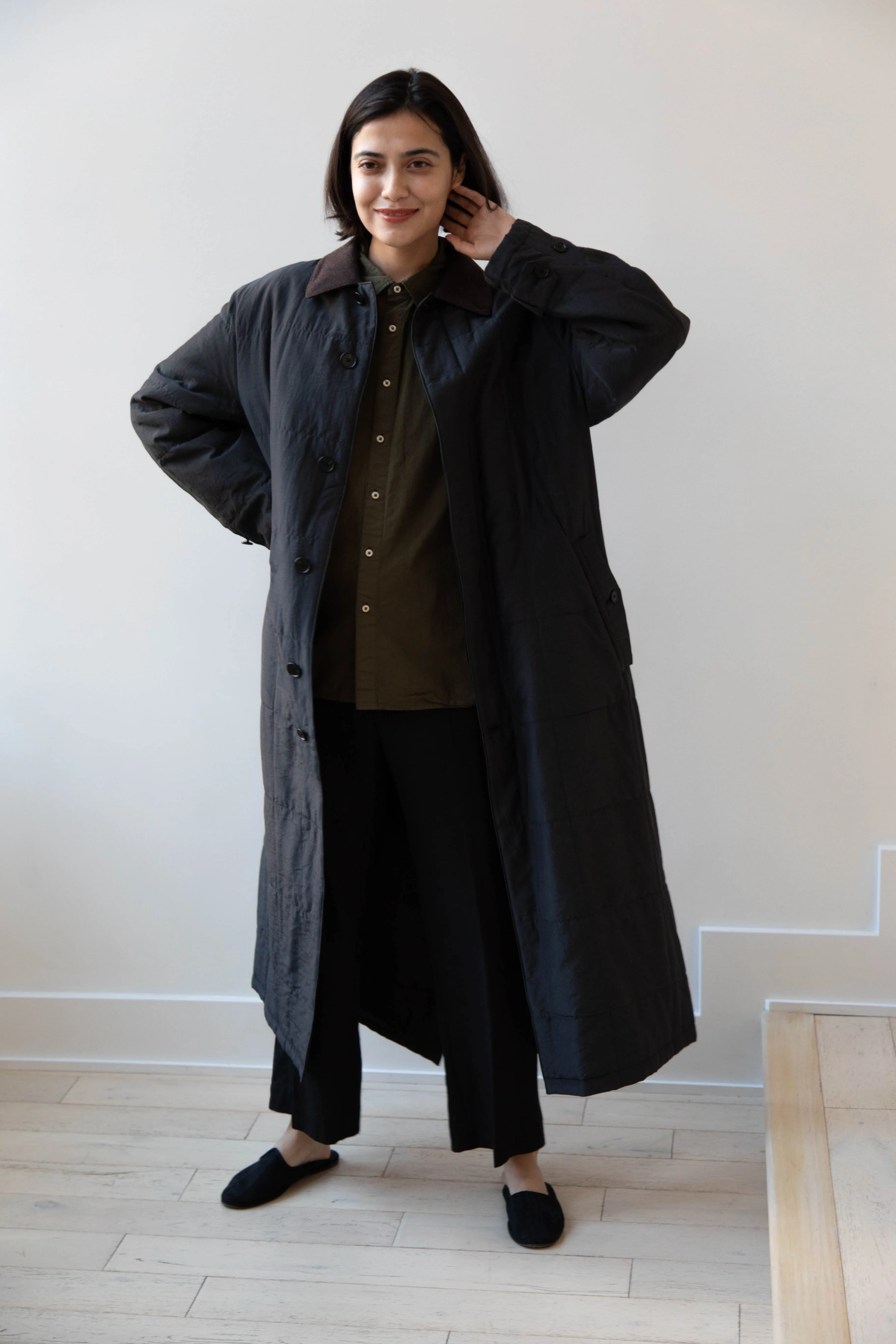 Auralee | Quilted Light Silk Cotton Coat in Ink