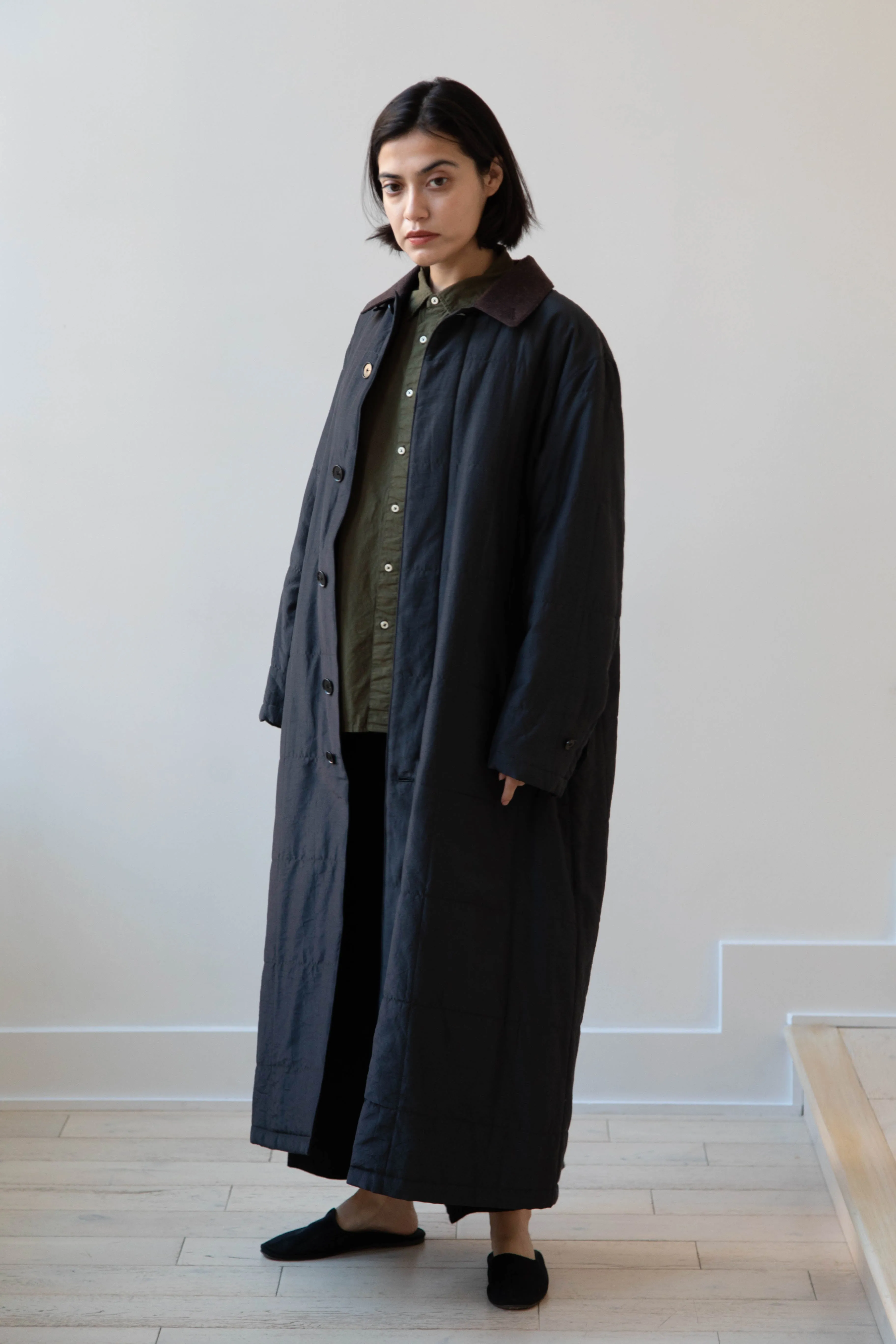 Auralee | Quilted Light Silk Cotton Coat in Ink
