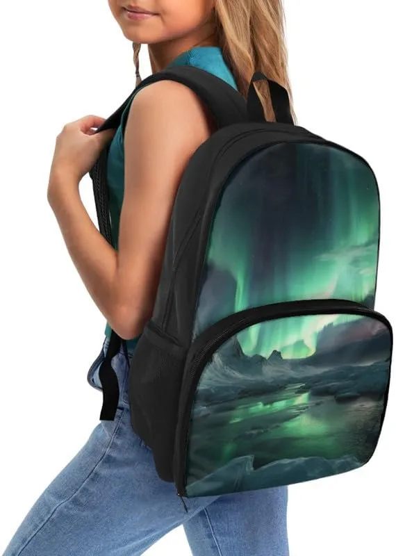 Aurora Glacier Print Insulated Lunchbox Backpack Green Northern Lights Pattern Lightweight Laptop Backpack for Sports, Travel, Business or College