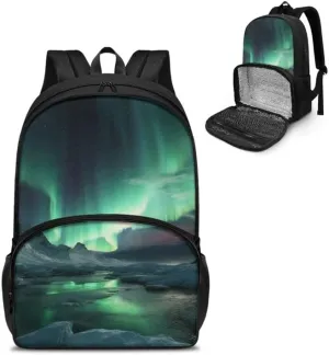 Aurora Glacier Print Insulated Lunchbox Backpack Green Northern Lights Pattern Lightweight Laptop Backpack for Sports, Travel, Business or College