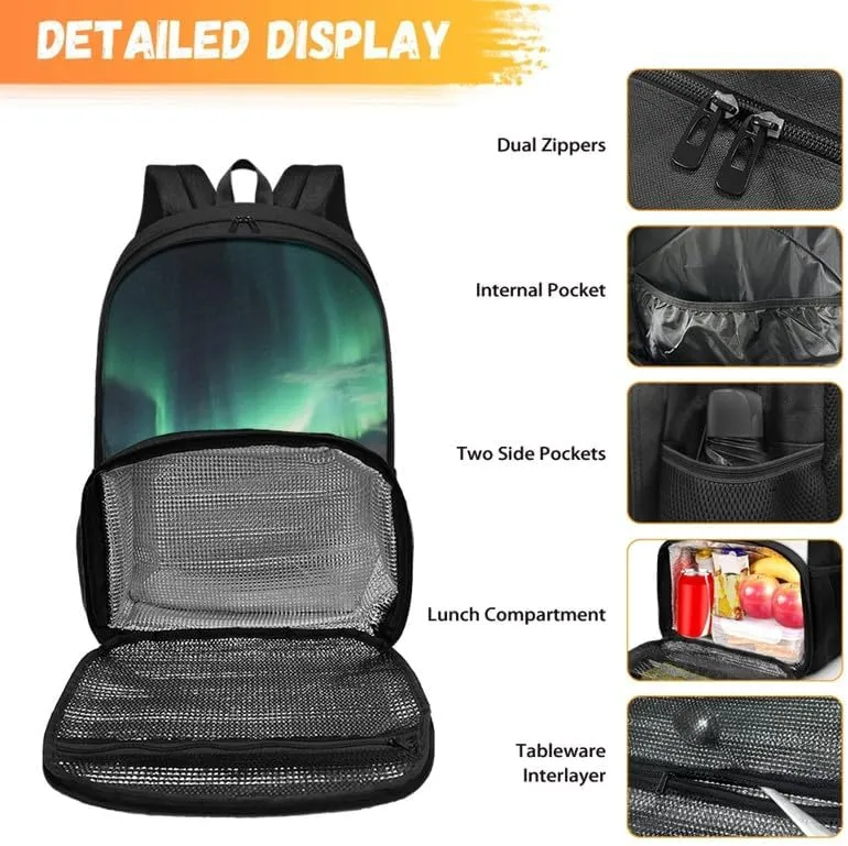 Aurora Glacier Print Insulated Lunchbox Backpack Green Northern Lights Pattern Lightweight Laptop Backpack for Sports, Travel, Business or College