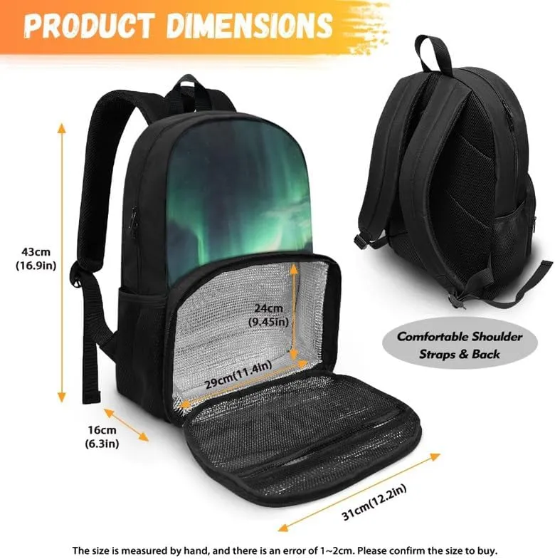 Aurora Glacier Print Insulated Lunchbox Backpack Green Northern Lights Pattern Lightweight Laptop Backpack for Sports, Travel, Business or College