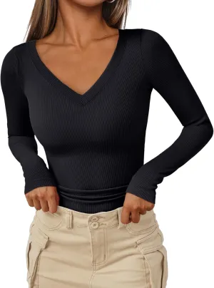 AUTOMET Womens Long Sleeve Shirts Fall Outfits Fashion Tops V Neck Ribbed Basic Casual Clothes Winter Underscrub