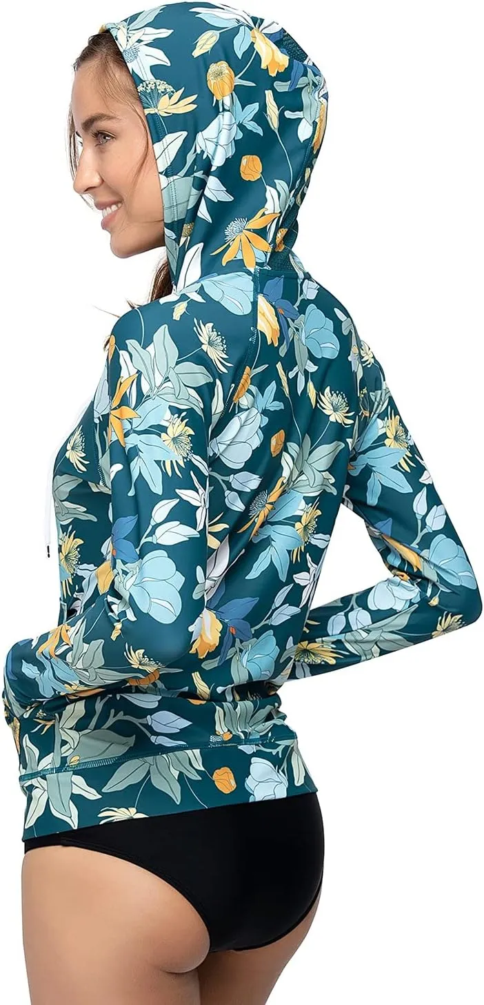 AXESEA Women's Hoodie Rash Guard UV Sun Protection Long Sleeve Hooded Swim Shirts Full Zip Front Swimsuit Tops