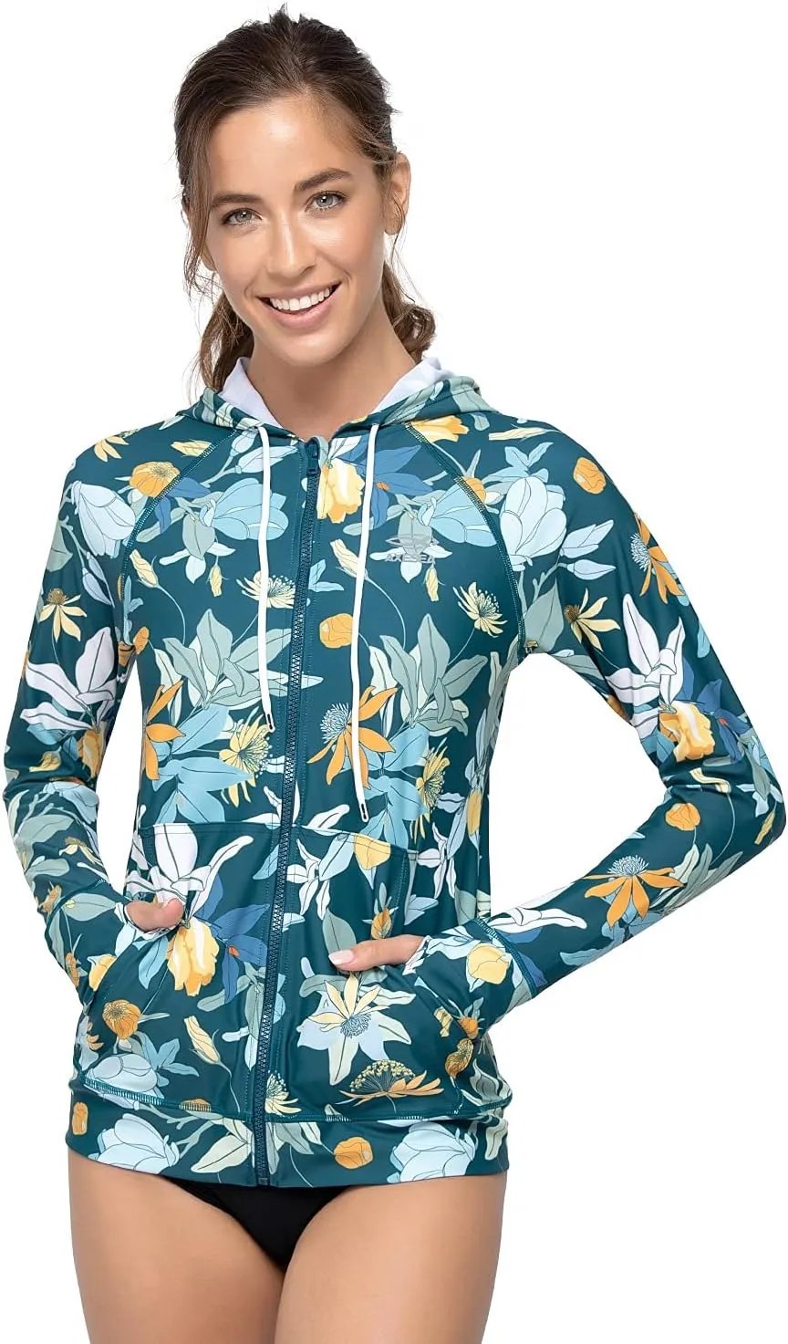 AXESEA Women's Hoodie Rash Guard UV Sun Protection Long Sleeve Hooded Swim Shirts Full Zip Front Swimsuit Tops