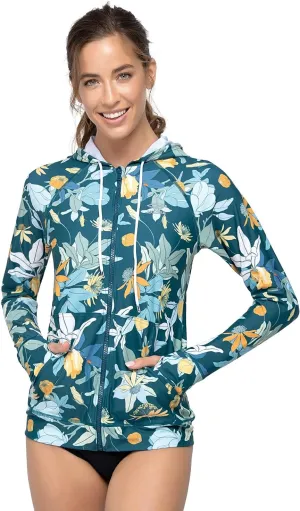 AXESEA Women's Hoodie Rash Guard UV Sun Protection Long Sleeve Hooded Swim Shirts Full Zip Front Swimsuit Tops