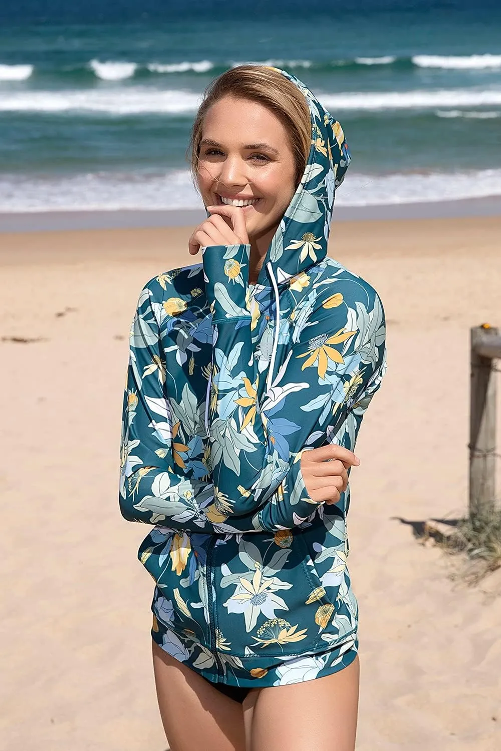 AXESEA Women's Hoodie Rash Guard UV Sun Protection Long Sleeve Hooded Swim Shirts Full Zip Front Swimsuit Tops