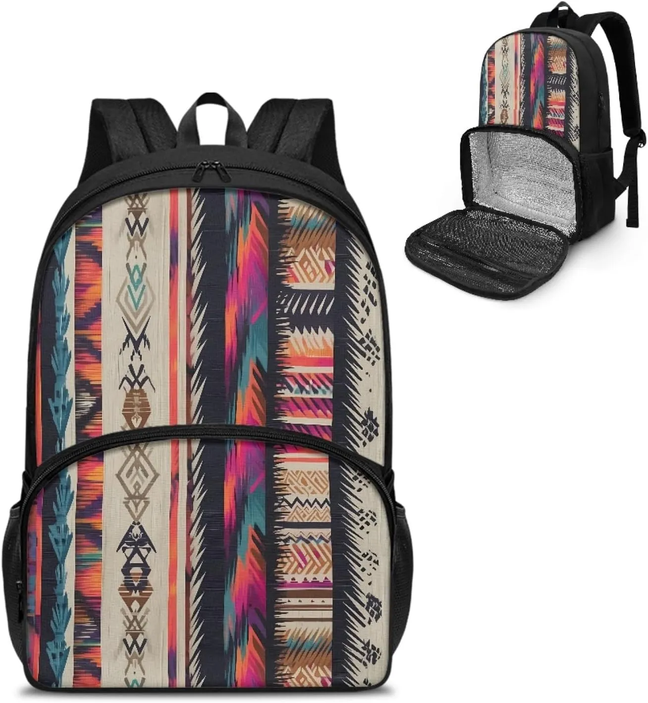 Aztec Rhombic Zigzag Pattern Large Travel Backpack for Women Men Tribal Ethnic Stripe 17 Inch Insulated Cooler Backpack Multi-Colour Geometry Adult Lunch Box Bookbag