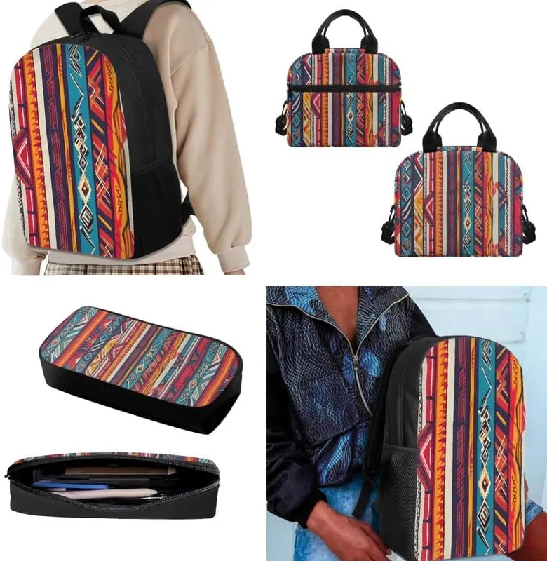 Aztec Tribal Stripe Print Backpack Shoulder Lunch Bag and Pen Case Bag Set Ethnic Retro Zigzag Geometry Pattern 3 Pcs Travel Laptop Backpack Fit for Gifts for Men & Women