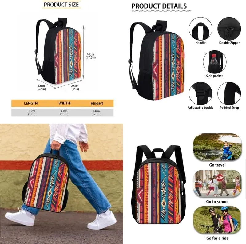 Aztec Tribal Stripe Print Backpack Shoulder Lunch Bag and Pen Case Bag Set Ethnic Retro Zigzag Geometry Pattern 3 Pcs Travel Laptop Backpack Fit for Gifts for Men & Women